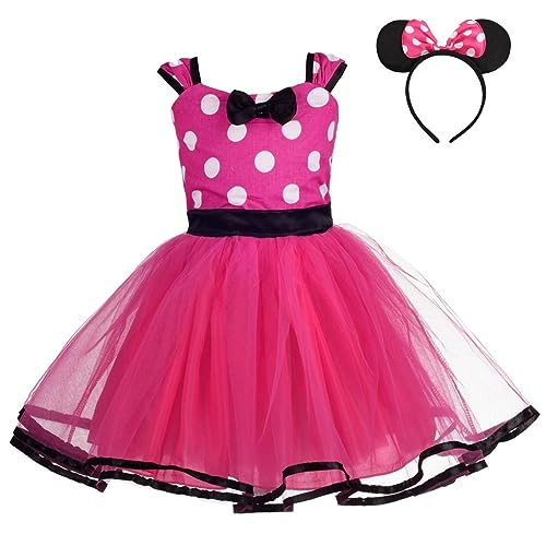Lito Angels Minnie Mouse Kostüm für Mädchen Kinder, Mini Polka Dot Kleid Verkleidung mit Maus Ohren Haarreif, Größe 6-7 Jahre 122 (Stoffetikett 150), Hot Pink von Lito Angels