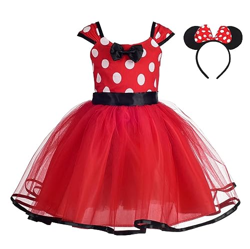 Lito Angels Minnie Mouse Kostüm für Mädchen Kinder, Mini Polka Dot Kleid Verkleidung mit Maus Ohren Haarreif, Größe 4-5 Jahre 110 (Stoffetikett 130), Rot von Lito Angels