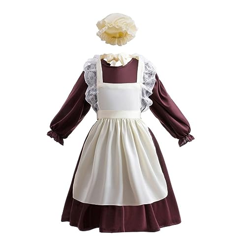 Lito Angels Kolonial Pionier Bäuerin Kleid Kostüm Verkleidung mit Schürze und Haube für Kinder Mädchen Größe 8-10 Jahre 140, Braun von Lito Angels