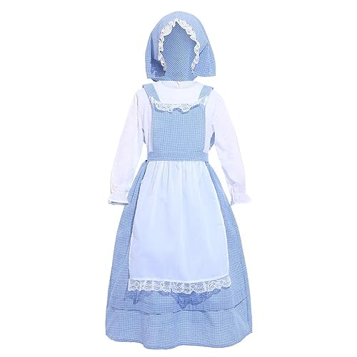 Lito Angels Mittelalterlich Kolonial Pionier Gingham Kleid Kostüm Verkleidung mit Schürze und Haube für Kinder Mädchen Größe 8-10 Jahre 134 140, Blau (Tag-Nummer 0M) von Lito Angels