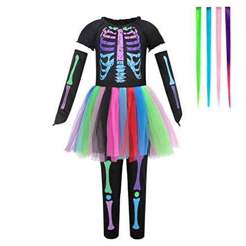 Lito Angels Neon Skelett Kleid Halloween Kostüm Verkleidung, 4-teiliges Set mit Haar Clips Extensions für Kinder Mädchen Größe M, 8-10 Jahre von Lito Angels