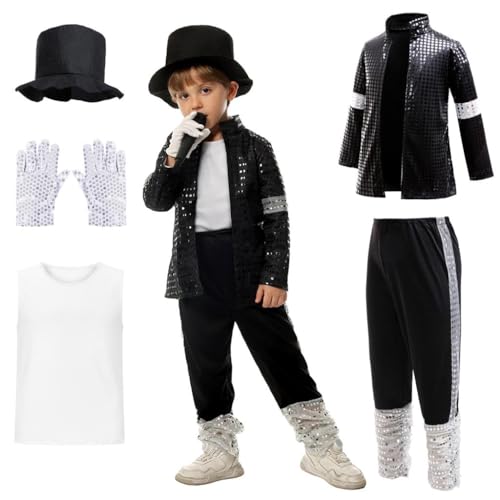 Lito Angels Pop-Super-Star-Kostüm-Set für Jungen, Kinder, 80er-/90er-Jahre, Retro, schwarze Paillettenjacke, Hose, Hut, Handschuh, Bühnen-Outfit, Halloween, Tanzaufführung, Alter 10–11 Jahre Lito Angels Pop-Super-Star-Kostüm-Set für Jungen, Kinder, 80er-/90er-Jahre, Retro, schwarze Paillettenjacke, Hose, Hut, Handschuh, Bühnen-Outfit, Halloween, Tanzaufführung, Alter 10–11 Jahre von Lito Angels
