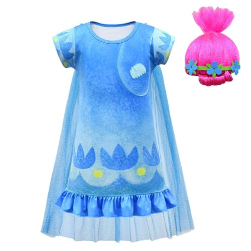 Lito Angels Poppy Trolls Kleid Kostüm Verkleidung mit Rosa Perücke für Kinder Mädchen Größe7-8 Jahre 128, Blau von Lito Angels