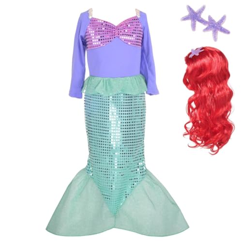 Lito Angels Prinzessin Arielle Meerjungfrau Kleid Kostüm Party Verkleidung mit Haar Perücke für Kinder Mädchen Größe 3-4 Jahre 104 (Tag-Nummer 100) von Lito Angels
