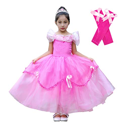 Lito Angels Prinzessin Aurora Dornröschen Kostüm Kleid Verkleiden mit Fingerlose Lange Handschuhe für Kinder Mädchen Gr 8-9 Jahre 134 heißes Rosa von Lito Angels