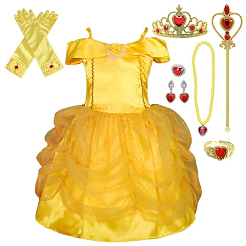 Lito Angels Prinzessin Belle Kostüm Kleid mit Zubehör, Die Schöne und das Biest Verkleidung für Kinder Mädchen Größe 8-9 Jahre 134, Stile A von Lito Angels