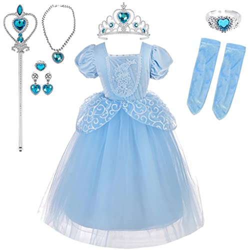 Lito Angels Prinzessin Cinderella Aschenputtel Kleid mit Handschuh und Zubehör für Kinder Mädchen Kostüm Verkleidung Größe 10-11 Jahre 146, Blau von Lito Angels