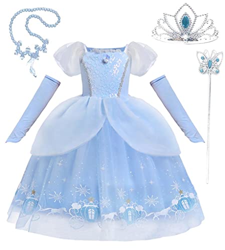 Lito Angels Prinzessin Cinderella Aschenputtel Kostüm Kleid Verkleidung mit Handschuhen und Zubehör für Mädchen Kinder, Größe 4-5 Jahre 110, Blau von Lito Angels