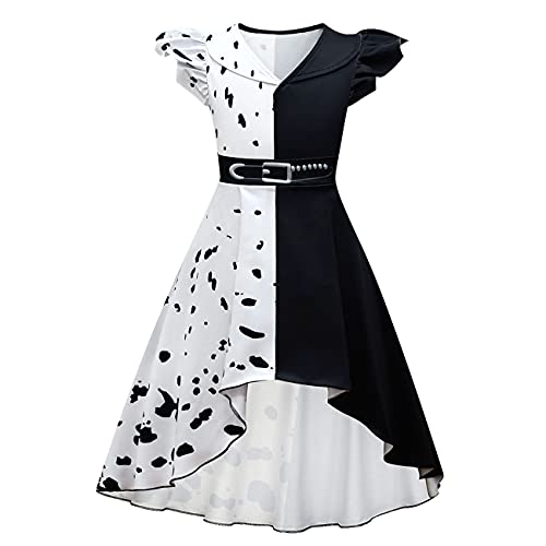 Lito Angels Cruella Deville Kostüm für Kinder Mädchen, Schwarzer und Weißer Dalmatiner Fleck Kleid Verkleidung, Größe 7-8 Jahre 128, B von Lito Angels
