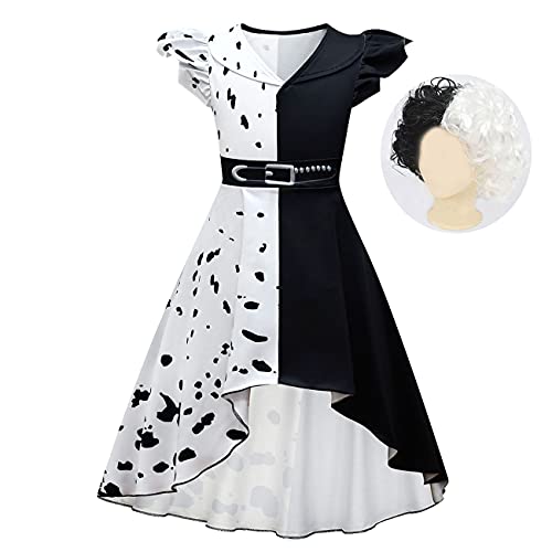 Lito Angels Cruella Deville Kostüm mit Perücke für Kinder Mädchen, Schwarzer und Weißer Dalmatiner Fleck Kleid Verkleidung, Größe 12-13 Jahre 158, B von Lito Angels