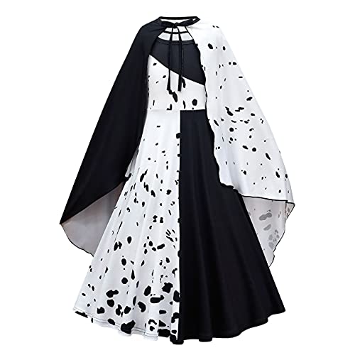 Lito Angels Cruella Deville Kostüm mit Umhang für Kinder Mädchen, Schwarzer und Weißer Dalmatiner Fleck Kleid Verkleidung, Größe 7-8 Jahre 128, A von Lito Angels
