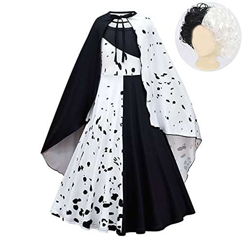 Lito Angels Cruella Deville Kostüm mit Umhang und Perücke für Kinder Mädchen, Schwarzer und Weißer Dalmatiner Fleck Kleid Verkleidung, Größe 9-10 Jahre 140, A von Lito Angels