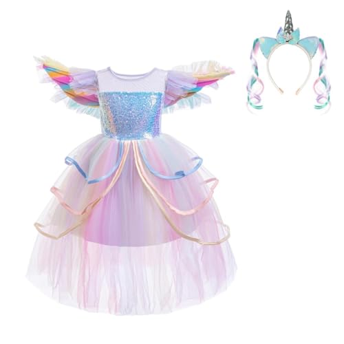 Lito Angels Prinzessin Einhorn Kostüm Kleid Verkleidung Regenbogen Tüllkleid mit Flügeln und Haarreif für Kinder Mädchen Größe 7-8 Jahre 128 von Lito Angels