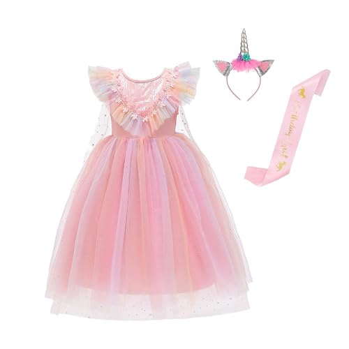 Lito Angels Prinzessin Einhorn Kostüm Kleid Verkleidung mit Umhang und Haarreif für Kinder Mädchen Größe 6-7 Jahre 122, Rosa (Tag-Nummer 140) von Lito Angels