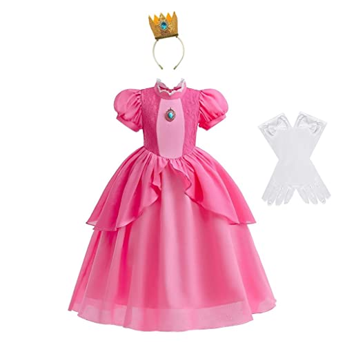 Lito Angels Prinzessin Peach Kostüm Kleid Verkleidung mit Krone und Handschuhen für Kinder Mädchen Größe 5-6 Jahre 116 (Tag-Nummer 120) von Lito Angels