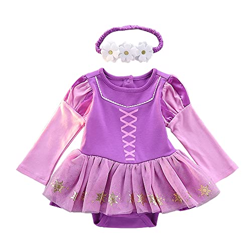 Lito Angels Prinzessin Rapunzel Kleid mit Stirnband für Baby Mädchen, Body Strampler Kostüm Verkleidung, Größe 3-6 Monate, Langarm von Lito Angels