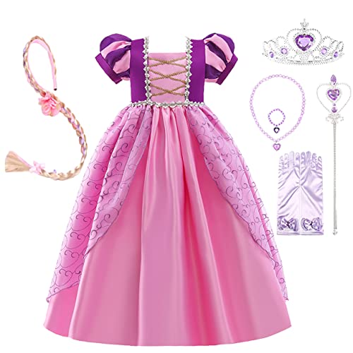 Lito Angels Prinzessin Rapunzel Kostüm Kleid mit Zubehör für Kinder Mädchen Verkleidung Outfit Größe 7-8 Jahre 128, Violett Rosa von Lito Angels