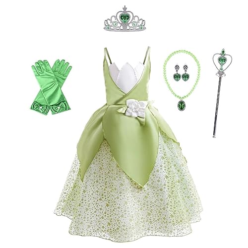 Lito Angels Prinzessin Tiana Kostüm Kleid Verkleidung mit Zubehör für Mädchen Kinder, Größe 6-8 Jahre 122 128, Grün (Tag-Nummer 120) von Lito Angels