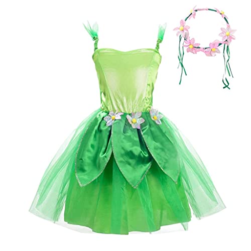 Lito Angels Tinkerbell Kostüm Grüne Fee Kleid mit Blumen Stirnband Blumenkranz Haare für Mädchen Kinder, Größe 2-4 Jahre, M von Lito Angels