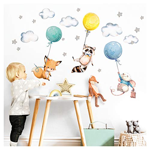 Little Deco Aufkleber Babyzimmer Tiere & Luftballons I Wandbild 97 x 57 cm (BxH) I Waschbär Fuchs Sterne Maus Wandtattoo Kinderzimmer Junge Mint DL508 von Little Deco