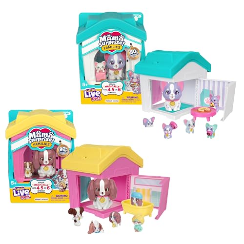 Little Live Pets Mama Surprise Families – Mamas Hütte-Packung, Bulldogge & Spaniel, 2 Hütten & Welpen, Jede Mama bekommt 4–6 Babys, ausklappbares Spielset, 80+ Stück zum Sammeln, Geschenk für Kinder von Little Live Pets