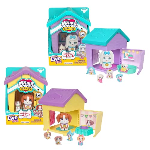 Little Live Pets Mama Surprise Families – Mamas Hütte-Packung, Bulldogge & Spaniel, 2 Hütten & Welpen, Jede Mama bekommt 4–6 Babys, ausklappbares Spielset, 80+ Stück zum Sammeln, Geschenk für Kinder von Little Live Pets
