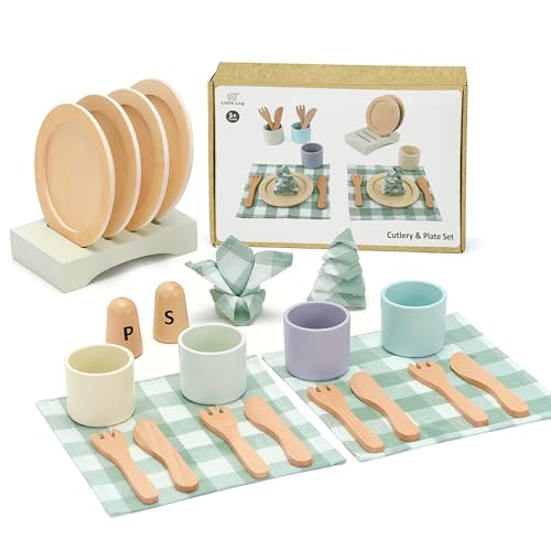 Little Log Geschirrset aus Holz Kinder spielküche zubehör Kinderküchen Set Geschenk Rollenspielzeug für Mädchen und Jungen ab 3 Jahren von Little Log