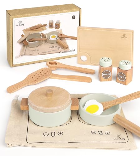 Little Log Holz Teiliges Kochset Töpfe und Pfannen Set Kinder Kochutensilien Rollenspiel für kinderküche zubehör Spielküche Geschenk für Jungen und Mädchen ab 3 Jahre von Little Log