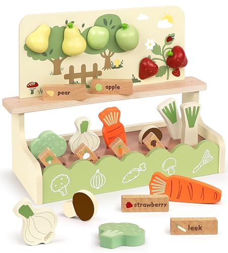Little Log Holzspielzeug Spielgarten Set Holzlebensmittelspielzeug Gartenbauset Kinderspielküchenzubehör Rollenspiel Holzschneiden von Lebensmitteln Obst und Gemüse Geschenke für Mädchen Jungen ab 3 von Little Log