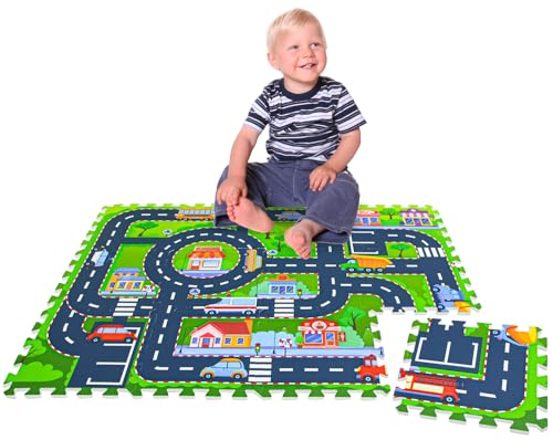 LittleTom 12 Teile Puzzlematte Straße für Kinder - 30x30 Indoor & Outdoor - Spielzeug Autostrasse Puzzle - Spielteppich Straße Spielmatte Auto Kinderteppich Puzzlematte - Spielstraße für Autos Kinder von LittleTom