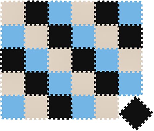 LittleTom 30 Teile Spielmatte Baby ab Null - 30x30 Schaumstoff Puzzlematte Kinder Isomatte Spielteppich - Puzzle Teppich Matte Abwaschbar Bodenschutzmatte Kinderzimmer, Schwarz Beige Hellblau von LittleTom