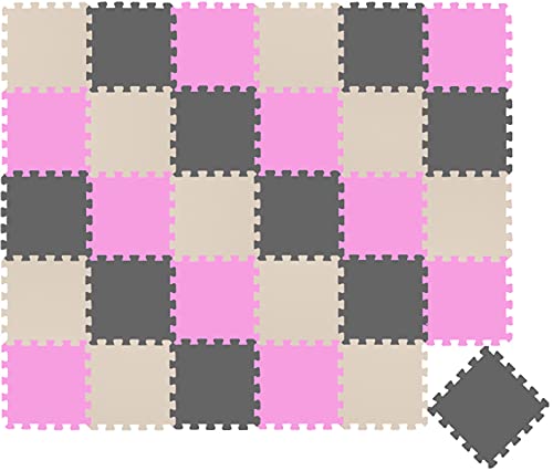 LittleTom 27-teilige Baby Puzzlematte - 30x30 Krabbelmatte - Weichmacherfrei - Antiallergen - Anti-Rutsch - EVA Schaumstoff - Motorik & Kreativität - Unisex - Grau Beige Pink - 0-3 Jahre von LittleTom