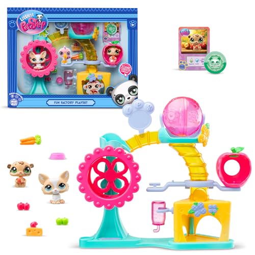 BANDAI Littlest Pet Shop - Fun Factory Set - Spielset mit 2 Tieren, Dekoration und Zubehör - Niedliche Haustier-Spielzeugbox Hund und Hamster - Kinderspielzeug ab 4 Jahren - BF00519 von Littlest Pet Shop
