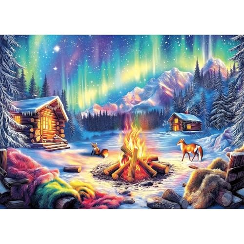Puzzle 1200 Teile EIN Herausforderndes Rätsel Pädagogisches Spielzeug Geschenke Klassische Lagerfeuer Aurora Woods-Hütte Puzzles Für Erwachsene,Jigsaw Puzzle für Die Ganze Familie 75x50 cm von Lituor