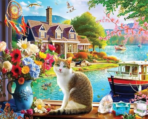 Puzzle 500 Teile,Puzzle für Erwachsene,EIN Herausforderndes Rätsel,Puzzles 500 Teile Erwachsene,Puzzlespiele Für Die Ganze Familie Geschenke,Seaside Cottage Landschaft Katze von Lituor