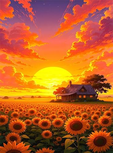 Puzzle 500 Teile,Puzzle für Erwachsene,EIN Herausforderndes Rätsel,Puzzles 500 Teile Erwachsene,Puzzlespiele Für Die Ganze Familie Geschenke,Sonnenuntergang Sonnenblumenfeld Cottage von Lituor