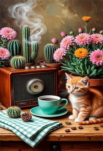 Puzzle 500 Teile EIN Herausforderndes Rätsel Pädagogisches Spielzeug Geschenke Klassische Kaktusblüte Kaffee Katze Puzzles Für Erwachsene,Jigsaw Puzzle für Die Ganze Familie 52x38 cm von Lituor