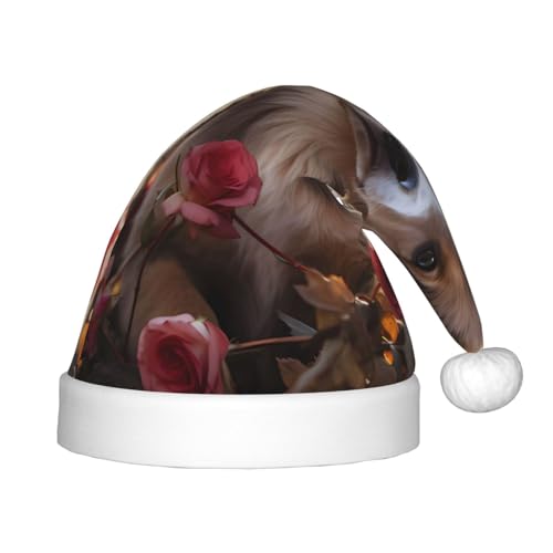 LiuMng Hunde und Rosen Weihnachtsmütze, Unisex Plüsch Klassische Weihnachtsmann Hut/Weich Bequem für Neujahr Festliche Party Supplies von LiuMng