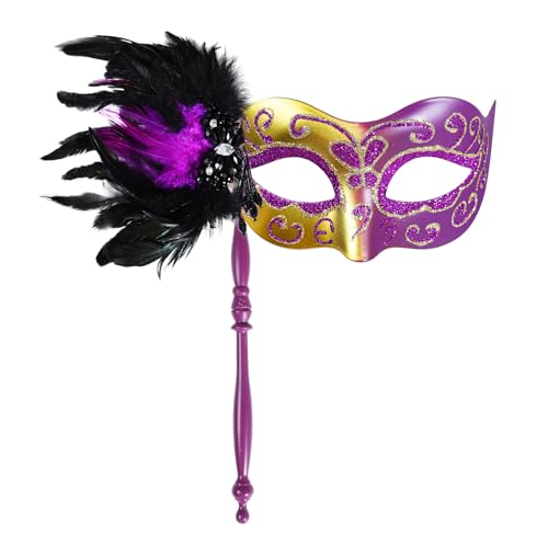 LiuSuper Maskerade Maske für Frauen mit Stab - Glänzende Damen Feder Karneval Venezianische Maske für Kostüm Zubehör (Lila) von LiuSuper
