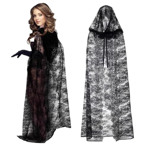 Lace Cape, Tüll mit Kapuze, Schwarze gotische Halloween -Kostüme für Frauen Cosplay Vampire Witch Party, Spielzeug Lace Cape, Tüll mit Kapuze, Schwarze gotische Halloween -Kostüme für Frauen Cosplay Vampire Witch Party, Spielzeug von Liummrcy