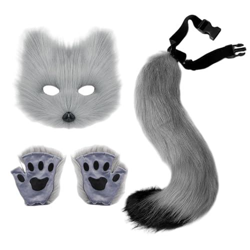 Liummrcy 3PCS/SET Pelzig Kostüm, graue pelzige Fuchsmaske, einstellbare Therian -Schwanz und flauschige Pfotenhandschuhe für die Halloween -Party Liummrcy 3PCS/SET Pelzig Kostüm, graue pelzige Fuchsmaske, einstellbare Therian -Schwanz und flauschige Pfotenhandschuhe für die Halloween -Party von Liummrcy