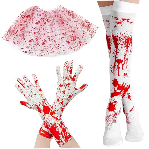 Liummrcy 3pcs Halloween -Kostüme, Blutspritzer Halloween -Kostüme für Erwachsene Frauen umfassen Handschuhe, Socken, Rock für Party -Cosplay von Liummrcy