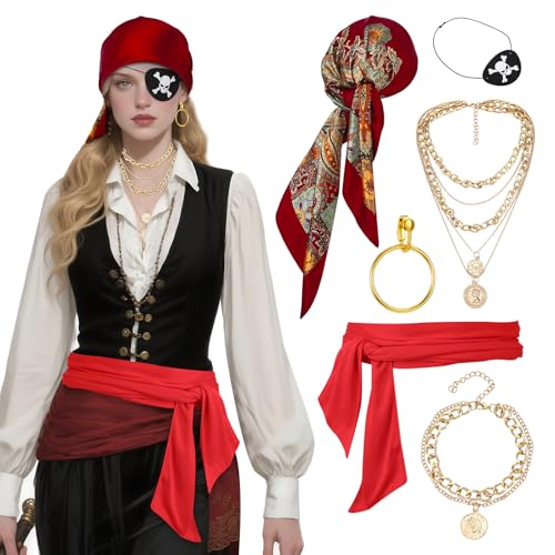 Livdouyu 6 Stück Piratenkostüm für Damen, Piratenzubehör mit rotem Kopftuch, Augenklappe & Schärpe, Piratenbraut Accessoires für Halloween, Karneval & Piratenparty Livdouyu 6 Stück Piratenkostüm für Damen, Piratenzubehör mit rotem Kopftuch, Augenklappe & Schärpe, Piratenbraut Accessoires für Halloween, Karneval & Piratenparty von Livdouyu