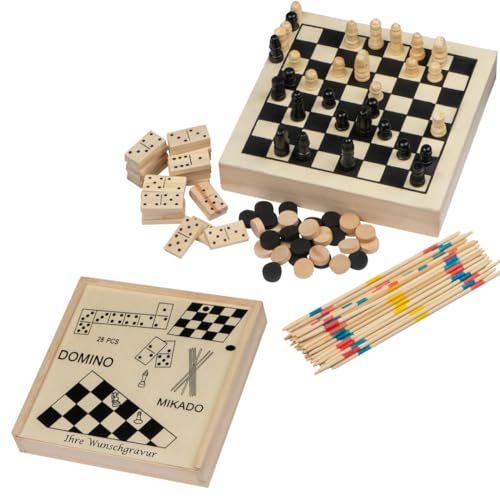 Spieleset in einer Holzbox mit Schach, Mikado, Dame, Domino mit Gravur von Livepac Office