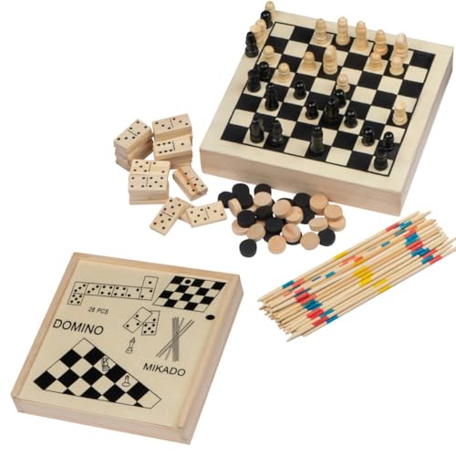 Spieleset in einer Holzbox mit Schach, Mikado, Dame, Domino von Livepac Office