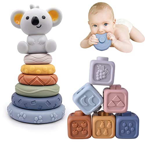 Lixiin 13 Stück Stapelspielzeug mit Ringen, Stapelturm für Stapelspiel, Squeeze Zahnen Babyspielzeug, Früherziehung Spielzeug Geschenke für 6 12 18 Monate Baby Kleinkind Jungen Mädchen (TT547) von Lixiin