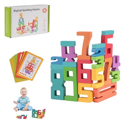 Lixstyea 20 Stück Number Blocks, Holz Zahlenblocks Spielzeug mit 15 Zahlenstapelkarten von Lixstyea