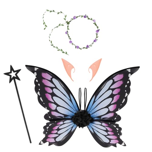 Lixstyea Feenflügel Kostüm - Schmetterling Wings Kostüm Set, Feenflügel Geeignet für Erwachsene und Kinder, Elfenflügel mit Elfenohren, Blumenkranz, Zauberstab, Elfen Kostüm Damen(Violett) von Lixstyea