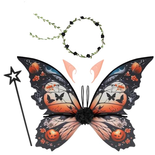 Lixstyea Feenflügel Kostüm - Schmetterling Wings Kostüm Set, Feenflügel Geeignet für Erwachsene und Kinder, Elfenflügel mit Elfenohren, Blumenkranz, Zauberstab, Elfen Kostüm Damen (Kürbis) von Lixstyea