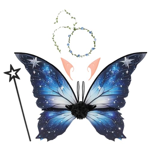 Lixstyea Feenflügel Kostüm - Schmetterling Wings Kostüm Set, Feenflügel Geeignet für Erwachsene und Kinder, Elfenflügel mit Elfenohren, Blumenkranz, Zauberstab, Elfen Kostüm Damen (Sternenhimmelblau) Lixstyea Feenflügel Kostüm - Schmetterling Wings Kostüm Set, Feenflügel Geeignet für Erwachsene und Kinder, Elfenflügel mit Elfenohren, Blumenkranz, Zauberstab, Elfen Kostüm Damen (Sternenhimmelblau) von Lixstyea